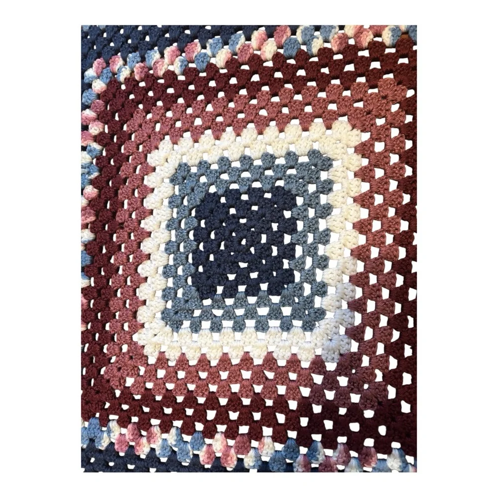 Handmade Crochet Blanket with Multicolor Square Stripes- like new 52 X 54